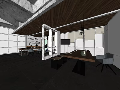 Modern Office Interior With Wooden Ceiling Dark Flooring Glass Partitions Furniture And TV Screen 3d model