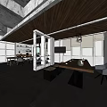 Modern Office Interior With Wooden Ceiling Dark Flooring Glass Partitions Furniture And TV Screen