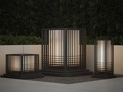Three Japanese Style Illuminated Floor Lamps In Garden With Bamboo Background 3d model
