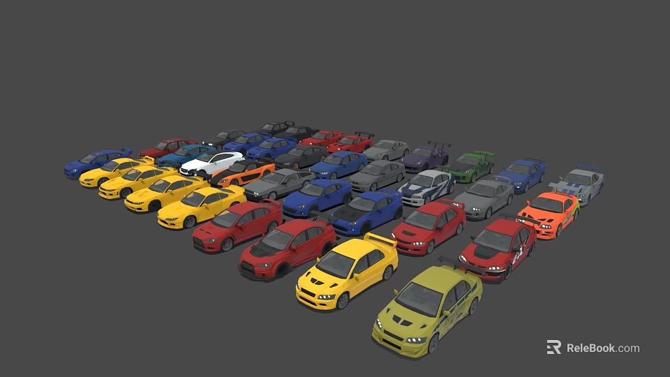 Colorful Various Cars Arranged In Rows With Different Models And Styles 3d model 