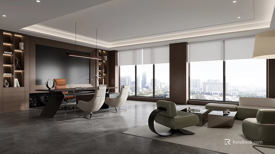 Modern Office Interior Design With Large Windows City View And Contemporary Furniture 3d model 