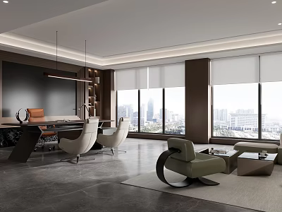 Modern Office Interior Design With Large Windows City View And Contemporary Furniture 3d model
