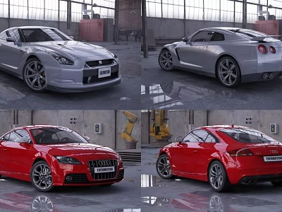 Modern Sports Cars In Silver And Red Colors With Front And Rear Views 3d model