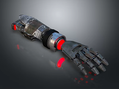 Futuristic Game Movie Character With Transparent Cybernetic Arm And Red Glowing Parts 3d model