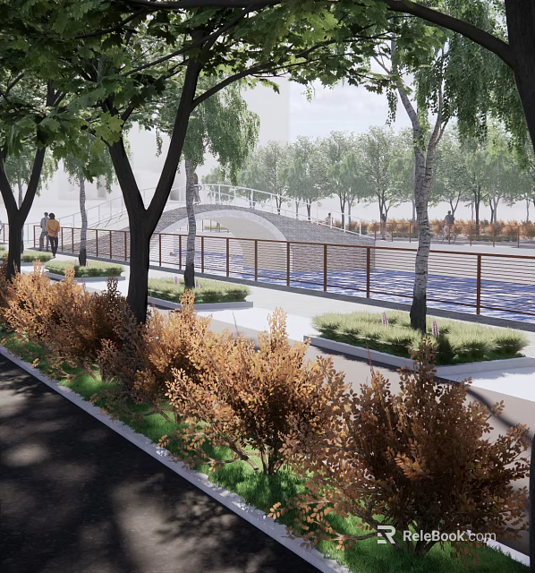 Scenic Landscape Bridge With Green Trees Pathway Bushes And Walking People 3d model 