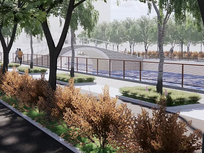Scenic Landscape Bridge With Green Trees Pathway Bushes And Walking People 3d model