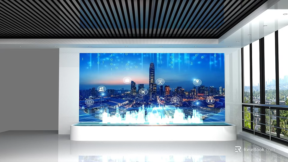 Modern Commercial Equipment Intelligent Display Screen With City Night View Data Charts And Icons 3d model 