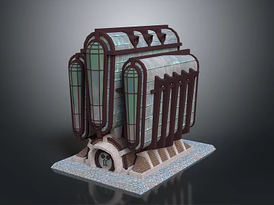 Art Deco Style Building With Large Windows Brown Frames Arched Entrance And Stone Slab Base 3d model