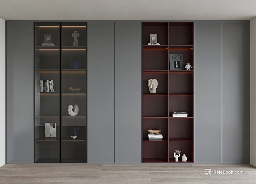 Modern Built in Bookcase Design With Glass Doors Open Shelves Books And Decorative Items 3d model 