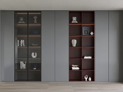 Modern Built in Bookcase Design With Glass Doors Open Shelves Books And Decorative Items 3d model