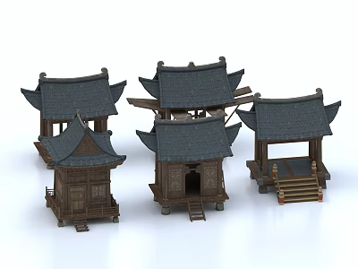 Ancient Chinese Architecture Models Featuring Traditional Wooden Structures Curved Eaves And Steps 3d model