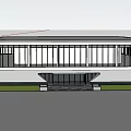 Modern Building Exterior With Glass Curtain Wall Paved Square Art Sculpture Water Feature And Trees