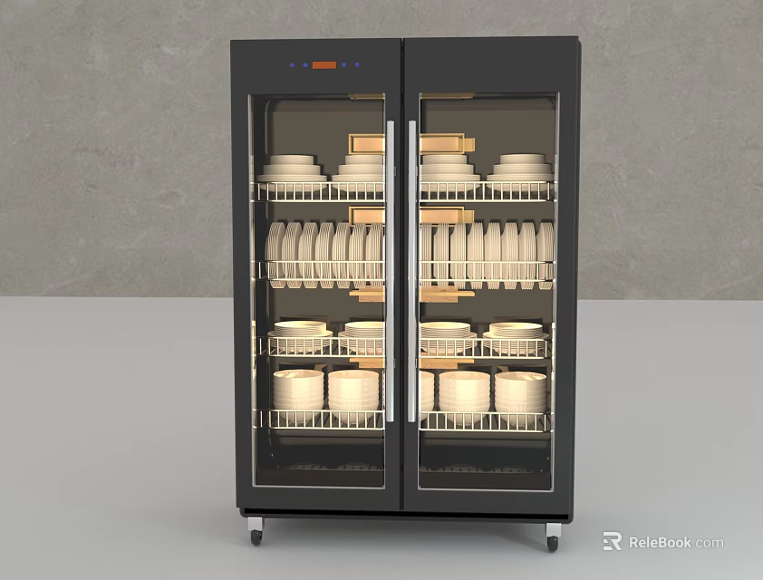 Smart Dish Sterilizer With Double Transparent Glass Doors Mobile Base And Organized Interior Tableware 3d model 