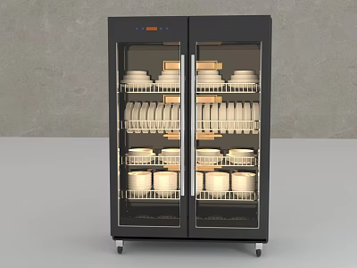 Smart Dish Sterilizer With Double Transparent Glass Doors Mobile Base And Organized Interior Tableware 3d model
