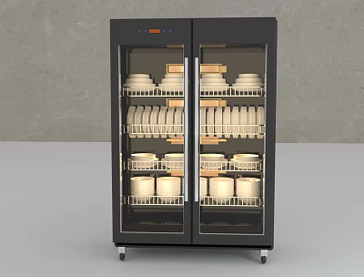 Smart Dish Sterilizer With Double Transparent Glass Doors Mobile Base And Organized Interior Tableware 3d model