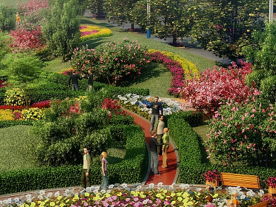 Lush Park Landscape With Vibrant Flowers Green Trees Winding Path People Strolling And Wooden Bench 3d model