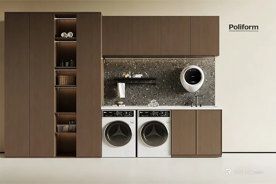 Modern Balcony Cabinet With Wooden Design Including Washing Machine And Dryer Storage 3d model 