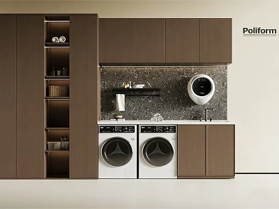 Modern Balcony Cabinet With Wooden Design Including Washing Machine And Dryer Storage 3d model