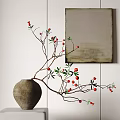 Rustic Ceramic Vase with Red Berry Branches on Small White Table by Wall Painting