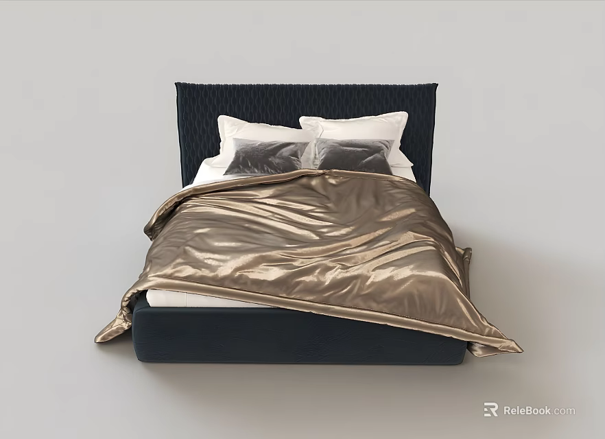 Modern Double Bed With Dark Headboard White Pillows And Gold Shiny Duvet 3d model 