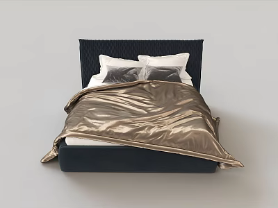 Modern Double Bed With Dark Headboard White Pillows And Gold Shiny Duvet 3d model