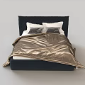 Modern Double Bed With Dark Headboard White Pillows And Gold Shiny Duvet