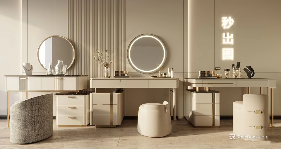 Elegant Modern Dressing Table With Round Backlit Mirror Storage Drawers And Decorative Stool 3d model 