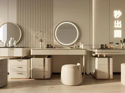 Elegant Modern Dressing Table With Round Backlit Mirror Storage Drawers And Decorative Stool 3d model