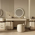 Elegant Modern Dressing Table With Round Backlit Mirror Storage Drawers And Decorative Stool 3d model