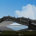 Stone Arch Bridge Over Calm Water With Lotus Flowers And Blue Sky