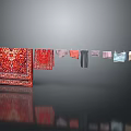 Household Items With Red Patterned Carpets And Hanging Different Style Clothes Pants Shirts