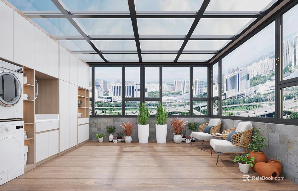 Stylish Villa Balcony With Glass Roof Large Windows Plants And City View 3d model 