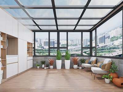 Stylish Villa Balcony With Glass Roof Large Windows Plants And City View 3d model