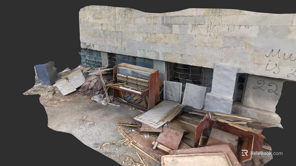 Abandoned Sculptures Among Old Piano Wooden Planks And Stone Wall Debris 3d model 