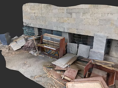 Abandoned Sculptures Among Old Piano Wooden Planks And Stone Wall Debris 3d model