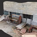 Abandoned Sculptures Among Old Piano Wooden Planks And Stone Wall Debris