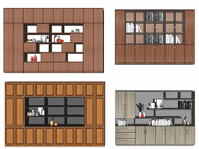 Wooden Decorative Cabinets with Open Shelves and Closed Storage for Books and Ornaments 3d model
