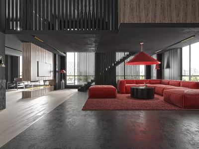 Modern Living Room Interior With Red Sofa Ottoman Red Rug Wooden Elements And Large Windows 3d model