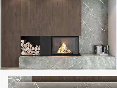 Modern Wooden And Marble Background Wall Design With Fireplace Flame Stacked Firewood And Shelf Decorations 3d model