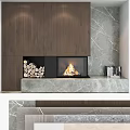 Modern Wooden And Marble Background Wall Design With Fireplace Flame Stacked Firewood And Shelf Decorations