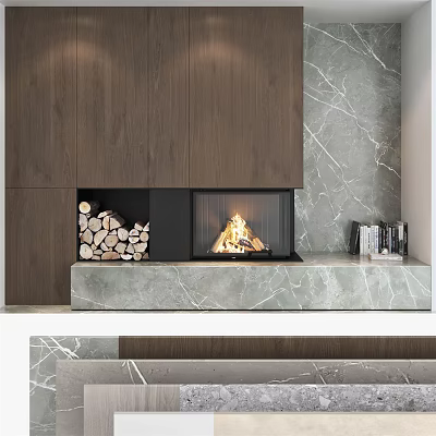 Modern Wooden And Marble Background Wall Design With Fireplace Flame Stacked Firewood And Shelf Decorations 3d model