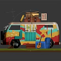 Colorful Camper Van Scene With Roof Luggage Lifebuoy Blue Sofa Guitar Love Sign And Campfire