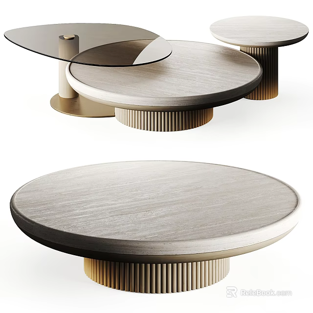Elegant Round Light Wood Textured Desk With Gold Beige Striped Legs 3d model 