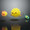 Cartoon Scene With Yellow Sun Like Character Small Round Figures Floating On Black Background