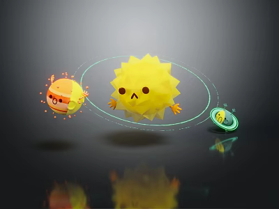 Cartoon Scene With Yellow Sun Like Character Small Round Figures Floating On Black Background 3d model