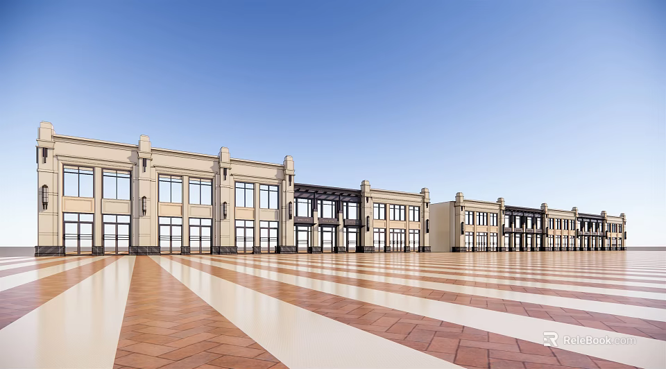 Modern Commercial Shopping Street With Storefronts Pedestrian Walkways And Street Lights 3d model 