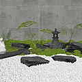 Stone And Wood Zen Garden With Moss Ferns Lantern White Statue Gray Wall And Pebbles