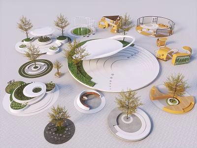 Modern Square Landscape Design With Circular Lawns Trees Seating Areas And Paths 3d model