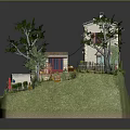 Cartoon Villa Scene with Solar Panels Garden Pool Trees and Outdoor Lounge Chairs