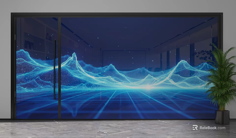Modern Glass Partition With Blue Wave Pattern And Light Spots For Indoor Space 3d model 